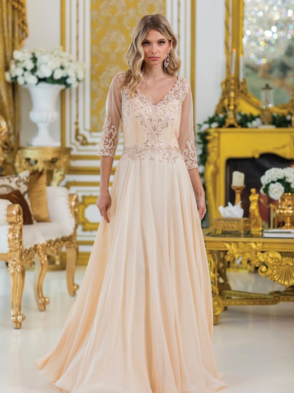 New Champagne A-Line Festive Mother Of The Bride Gown w/ 3/4 Sleeves DQ 4497 - Picture 3 of 9
